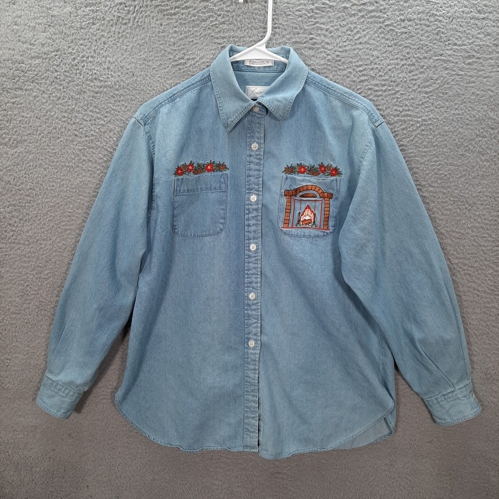 Foxcroft Shirt Womens 10 Blue Denim Embroidered Winter Christmas Holiday Classic